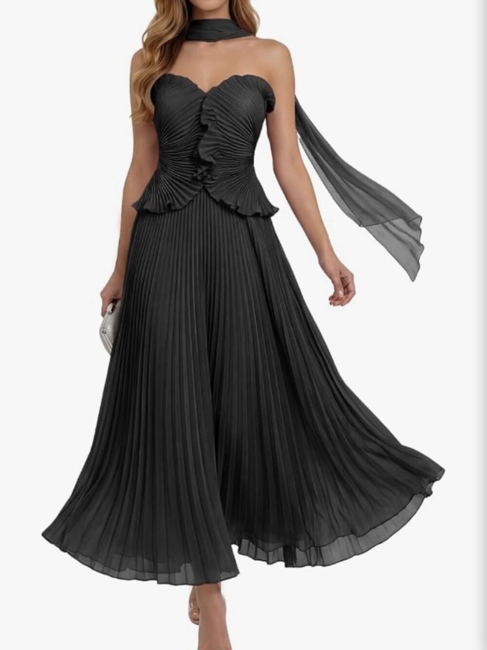 Women's Strapless Long Black Dress Chiffon Ruffled Ruched Formal Cocktail